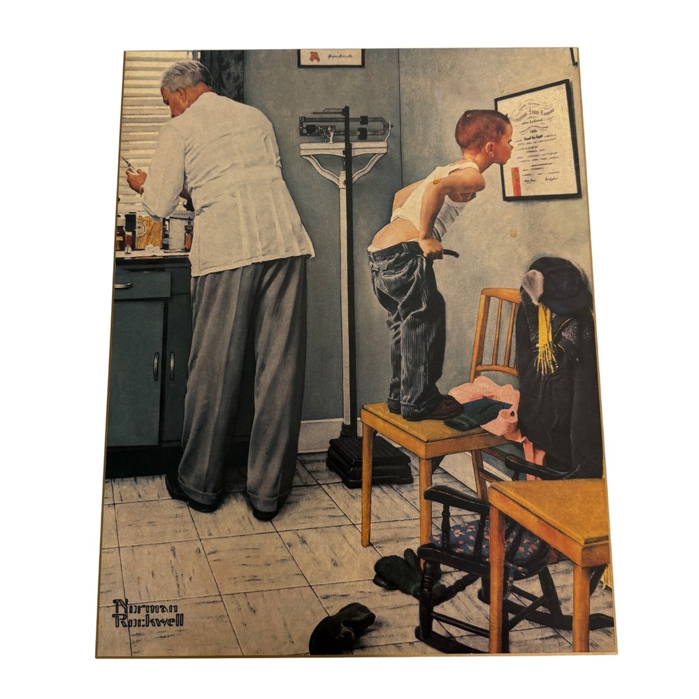 Vintage Norman Rockwell "Checking Up" Art Print Wood Ready to Hang Doctor Boy